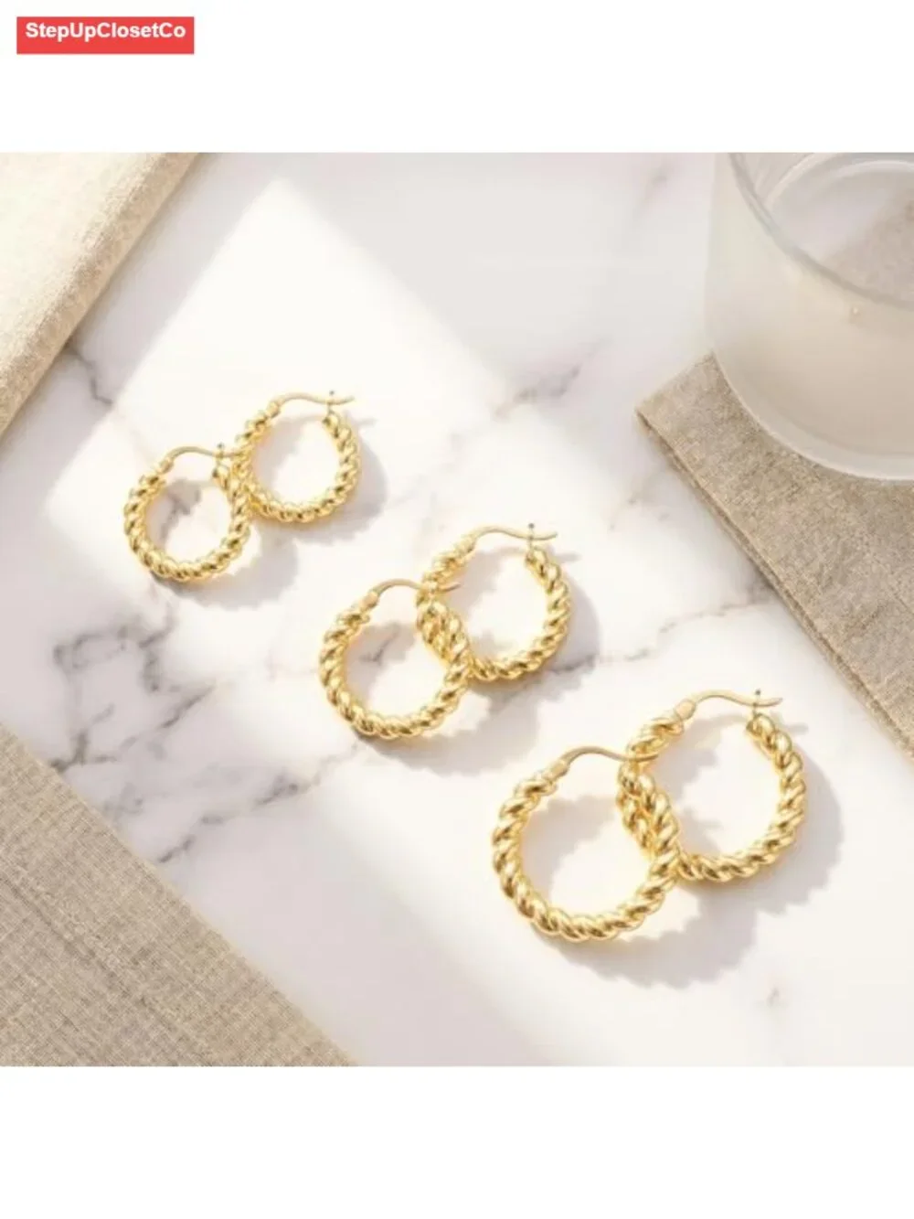 14k Gold Cable-Knit Huggie Hoop Earrings, Twisted Rope Textured, Click-Top